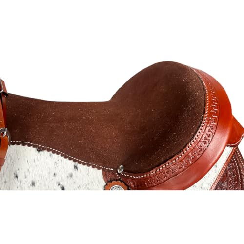 Western Barrel Saddle Set Brown Genuine Leather Hair On Cowhide Hand Tooled Horse Saddle with Headstall, Breast Collar & Reins for Trail Riding, Rodeo, Ranch & Pleasure, 8-17 Inch - size: 8 Inch
