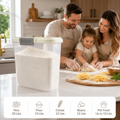 Large Rice Storage Container 15-20 Lbs, Tall Flour Container Dry Food Bin - color: Cream White