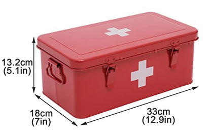 First Aid Medicine Box, First Aid Kit Supplies Bin, Metal Medicine Storage Tin, First Aid Empty Box with Safety Lock for Home Emergency Tool Set-Red - color: Red