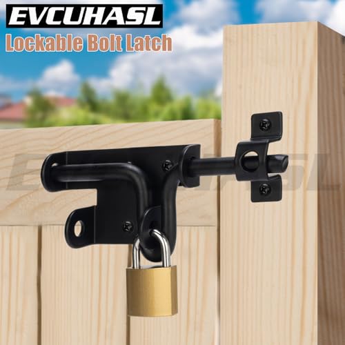 Slide Bolt Gate Latch with Padlock Hole, Heavy Duty Sliding Bolt Door Lock Hardware for Wooden Fence, Shed Gates, Barn Doors, Backyard Gate, Bolt Latch with Black Finish, 1 Pack