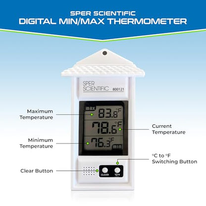 Sper Scientific Compact Digital Min/Max Thermometer 800121 - Wide Range Temperature Logger with Clear LCD Display - Ideal for Laboratories, Food Storage, HVAC & Greenhouses - size: 1 Pack