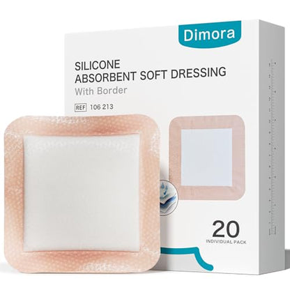 Dimora 20 Count Silicone Super Absorbent Wound Dressing 6" x 6" - Large Adhesive Bandage for Heavy Exudate, Border Wound Care Pads for Pressure Sore and Post-Surgical Incisions - size: 6"x 6" - 20 pcs