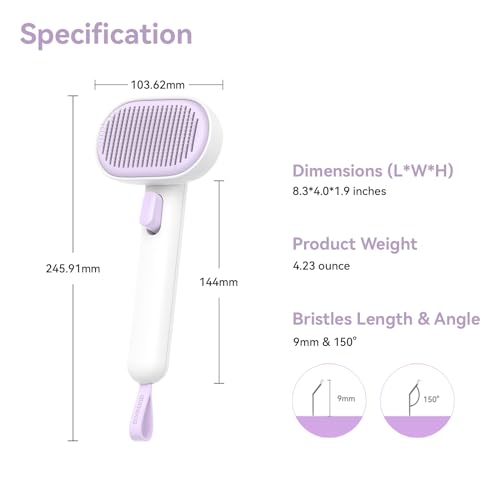 aumuca Cat and Dog Grooming Brush for Shedding, Removes Loose Fur from Long or Short Haired Pets - Ideal for Cats, Kittens, Rabbits, and More - Purple | Self Cleaning Pet Brush for Long or Semi-Short Haired Cats, Removing Loose Fur & Tangles and Massage -