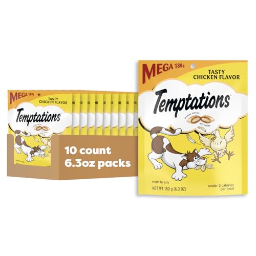 Temptations Classic Crunchy and Soft Cat Treats, Tasty Chicken, 6.3oz, 10pk | Under 2 calories per treat, 100% complete & balanced for adults, resealable stay-fresh pouch, snack, meal, or food topper - size: 6.3 Ounce (Pack of 10)