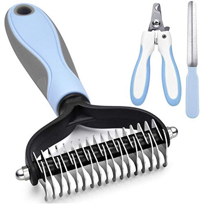Deshedding Dog Brush - Undercoat Rake for Cats & Dogs - Double Sided Brush for Shedding and Dematting Comb Grooming Tool kit - Nail Clipper & Nail File - color: Blue(3 Pcs)