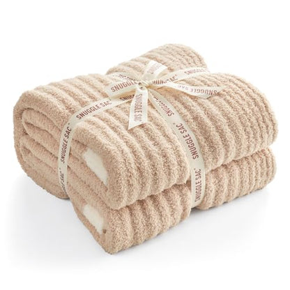 Snuggle Sac Fluffy Ribbed Beige Blanket Twin Size, Soft Luxurious Knit Fuzzy Plush Microfiber Blankets for Sofa, Bed, Beige, 60x80 inches - color: Beige, size: Twin(60"x 80")