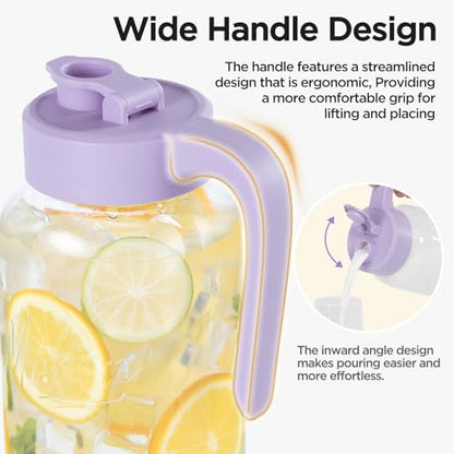 Mason Jar Pitcher, 64 oz (2 quart), Glass Pitcher with Lid | Airtight, Leak proof, Ergonomic Handle, Pour Spout Lid, Fridge Safe, for Sun Tea, Iced Tea, Cold Brew, Lemonade, Outside - color: Purple