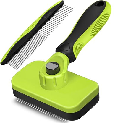 2PCS Self Cleaning Slicker Brush & Dog Comb - Skin Friendly Deshedding Grooming Tool for Dogs, Cats and Small Animals, Professional Deshedding Dematting Tool for Long and Short Haired Pets (Green) - color: Green