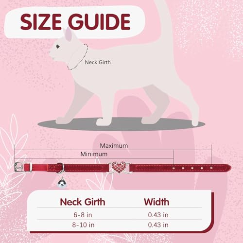BINGPET Diamond Cat Collar with Bell, Adjustable Kitten Collar, Red - color: Red(Heart), size: Neck Girth 8"-10"
