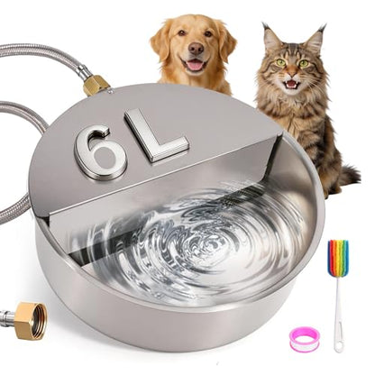 Automatic Dog Water Bowl Dispenser Large Breed Outdoor Pet Water Fountain with Float Valve 6.5L Heavy-Duty Stainless Steel Auto Waterer for Large Dogs Cats Puppy Chicken (1 Drinking Port) - size: 1 drinking port
