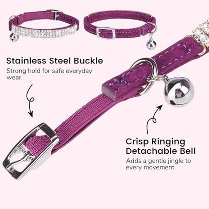 BINGPET Diamond Cat Collar with Bell,Adjustable Kitten Collar,Purple - color: Purple(Rhinestones), size: Neck Girth 8"-10"