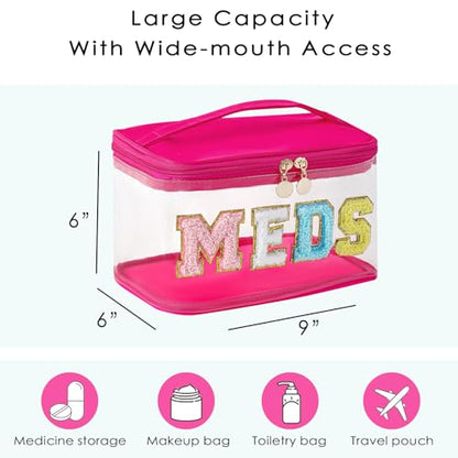 uekeboag Chenille Letter MEDS Clear Medicine Makeup Bag(01Hot Pink) | Personalized Transparent Large Waterproof Nylon Cosmetic Toiletry bag with Top Handle, Meds First Aid Travel Organizer - color: 01Hot Pink