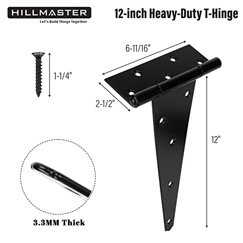 HILLMASTER 12 Inch T-Strap Heavy Duty Shed Door Hinges Gate Strap Hinges Black Tee Hinge Wrought Hardware for Wooden Fences,Yard,Barn Door,Rustproof (2 Pack) - size: 12in 2 Pack