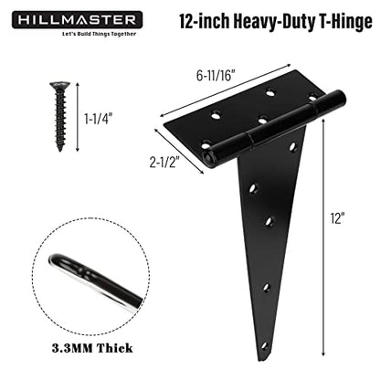 HILLMASTER 12 Inch T-Strap Heavy Duty Shed Door Hinges Gate Strap Hinges Black Tee Hinge Wrought Hardware for Wooden Fences,Yard,Barn Door,Rustproof (4 Pack) - size: 12in 4Pack