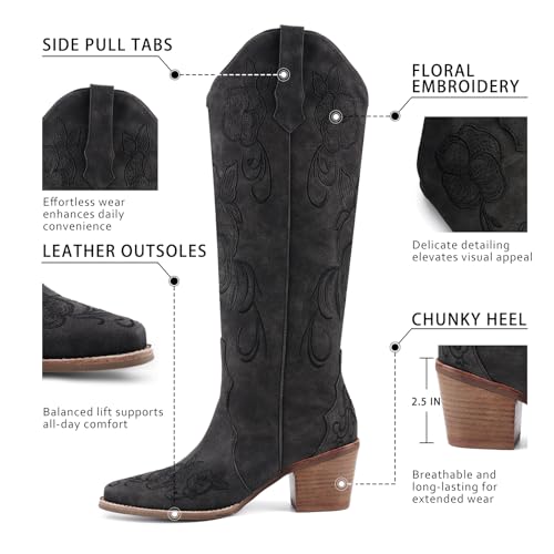 Knee High Cowboy Boots for Women Tall Cowgirl Western Boots - color: Black, size: 9