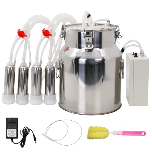 Cow Milking Machine 14L Stainless Steel Bucket Rechargeable Battery Powered 4 Teat Cups for Cows and Goats, Electric Pulsation Portable Milker (4 Stainless Steel Milking Cups Liners)