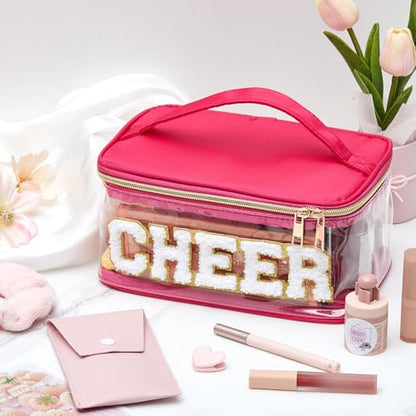 Geetery Medicine Pill Bag Clear Cosmetic Makeup Bag with Zipper Hot Pink | Transparent PVC with Nylon Trim, Chenille Cheer Patch, Portable Travel Organizer for Pills Cosmetics, Gold Zipper - color: Hot Pink, style: Cheer