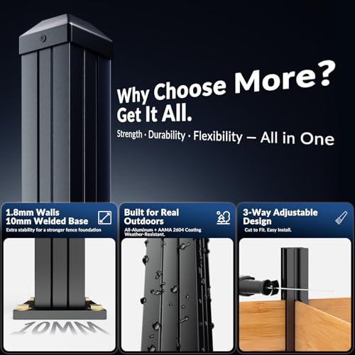 2 Pack 45" 3-Way Aluminum Fence Post, 1.8mm Thick Walls & 10mm Base - color: 2 Pack Black Fence Post, size: 45in