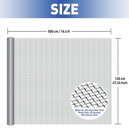 MAGZO 304 Stainless Steel Mesh Window Screen Roll 47in x 16ft - 22 Mesh - color: Silver, size: 47" x16FT