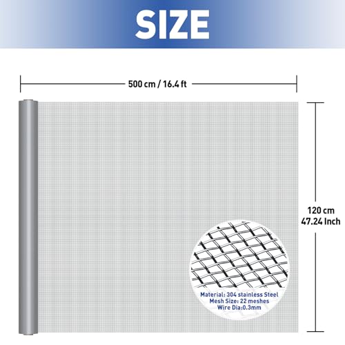 MAGZO 304 Stainless Steel Mesh Window Screen Roll 47in x 16ft - 22 Mesh - color: Silver, size: 47" x16FT