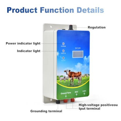 Electric Fence Charger 6 Mile, 8KV-12KV 2J Output, LED Display