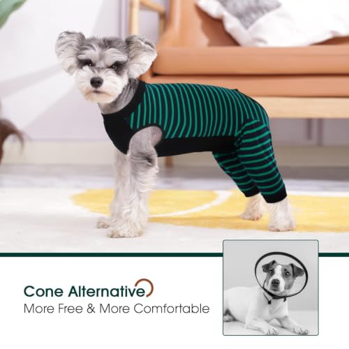 Kuoser Dog Recovery Suit with Anti Licking Rear Leg Sleeve, Green M - color: Green Strips, size: Medium (Back Length: 34cm / 13.38")