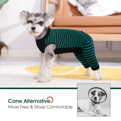 Kuoser Dog Recovery Suit with Anti Licking Rear Leg Sleeve, Green M - color: Green Strips, size: Medium (Back Length: 34cm / 13.38")