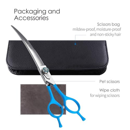 Professional Pet Grooming Curved Scissors, JP440C Alloy Steel, Blue Ergonomic Handle, Sharp and Durable for Dog Grooming (8.0") - size: 8.0"