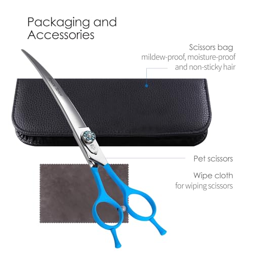Professional Pet Grooming Curved Scissors, JP440C Alloy Steel, Blue Ergonomic Handle, Sharp and Durable for Dog Grooming (7.5") - size: 7.5"