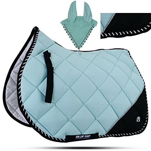 Quilted English Saddle Pad, Matching Ear Bonnet Set Breathable Riding Numnah Shock Absorbing Padding for Jumping, Schooling - color: Electric Lime