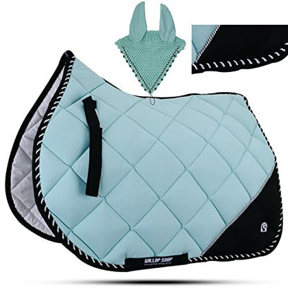 Quilted English Saddle Pad, Matching Ear Bonnet Set Breathable Riding Numnah Shock Absorbing Padding for Jumping, Schooling - color: Electric Lime