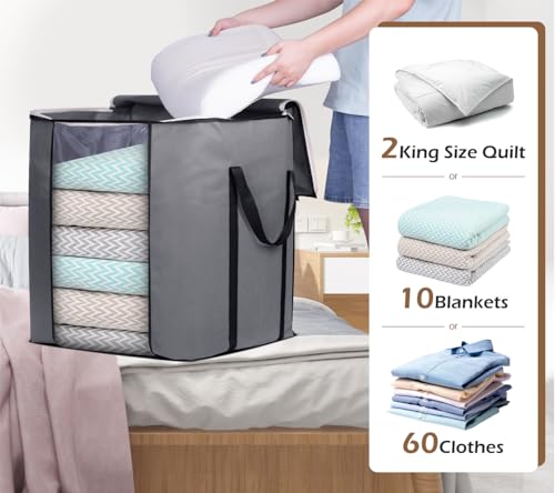 SLEEPING LAMB 120L Oversized Blanket Storage Bags Sturdy Fabric Clothes Storage Containers for King Comforter Bedding Pillow Sheet, Grey, 3 Packs - size: 20"L x 16"W x 22.3"H