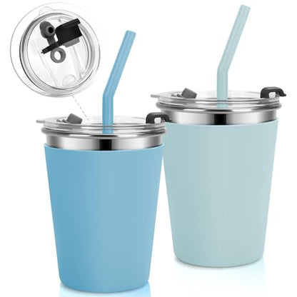 Stainless Steel Kids Cups with Lids, 12oz Spill Proof Cups, 2 Pack - color: Blue, Green