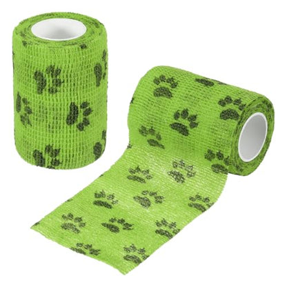 Pet Wrap Bandages, 3 Inch 5 Yard Self Adhesive Bandage Wrap, Pet Non-Woven Tape First Aid Cohesive Gauze, (Grass Green/Paw, 2 Pcs), Intended for Dog/Cat/Bird/Legs/Paws/Wound - color: Grass Green, size: 3 inch