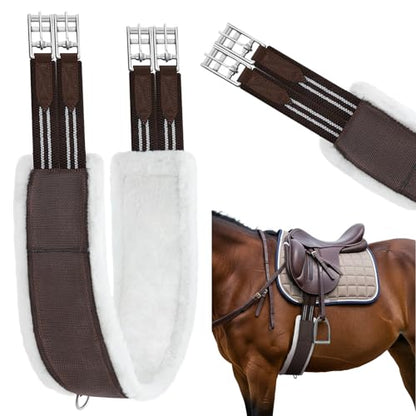 Brown English Girth for Horses Sizes 44-52 Inch Fleece Padded Dressage Girth for English Saddle, Horse Competitions Riding, Double Elastic and Stainless Steel Buckles - size: 46 Inch