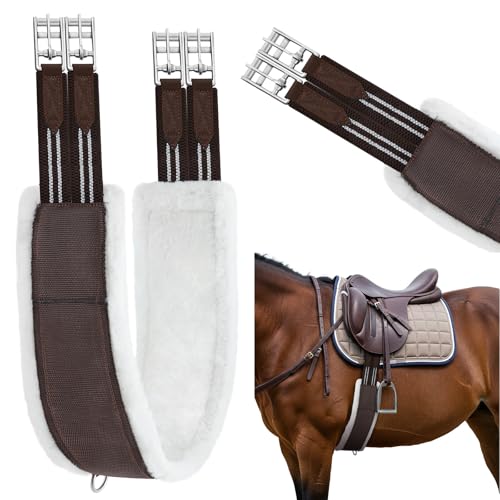 Brown English Girth for Horses Sizes 44-52 Inch Fleece Padded Dressage Girth for English Saddle, Horse Competitions Riding, Double Elastic and Stainless Steel Buckles - size: 50 Inch