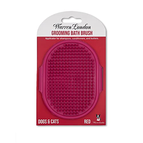 Warren London 2-in-1 Bath & Groom Brush for Dogs & Cats – Red Silicone Scrubber & Applicator for Shampoo, Hydrating Butter or Leave-In Conditioner – Gentle Massaging Grip - color: Red