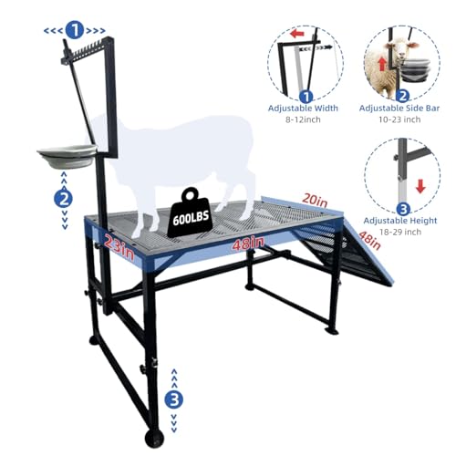 Heavy Duty Height-Adjustable Metal Goat Milking Stand with Ramp & Feed Bin, 600LBS Capacity Livestock Trimming Stand for Goats, Lambs & Sheep