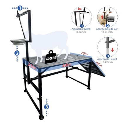 Heavy Duty Height-Adjustable Metal Goat Milking Stand with Ramp & Feed Bin, 600LBS Capacity Livestock Trimming Stand for Goats, Lambs & Sheep