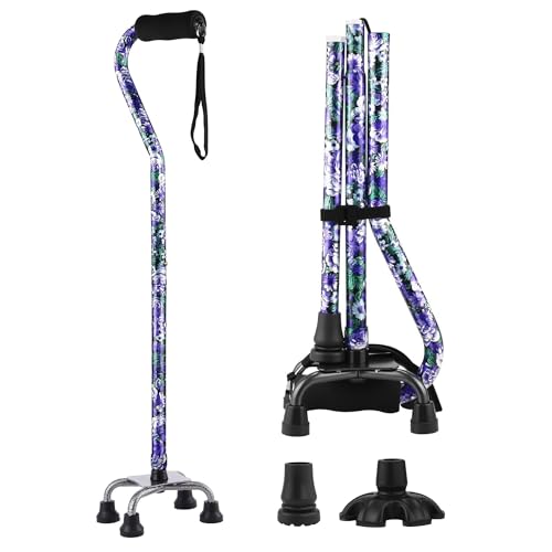 Floral Quad Cane for Women, Adjustable Walking Canes with 3-in-1 Interchangeable Base(3 Tips) for Versatile Support, Stylish & Stable Mobility Aid for Seniors Confidence - color: Violet