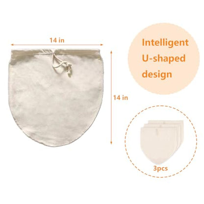 3-Pack 14x14 Inch Nut Milk Bags – Heavy Duty 100% Unbleached Cotton Reusable Strainer for Almond Milk, Oat Milk, Cold Brew, Celery Juice, Yogurt & Cheese Making