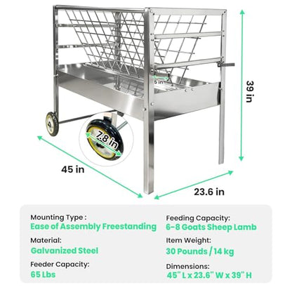 2 in 1 Hay Rack and Grain Bin Combo for Goats Sheep Lambs Freestanding Livestock Feeder with Wheels for Easy Rolling Heavy Duty Galvanized Steel Outdoor Farm Feeding Cart