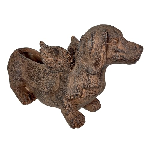 Animal Planter, 18 Inch Flying Dachshund with Distressed Brown Finish | Magnesium Oxide, Drain Hole, 9 by 2.5 Inch Planting Opening, Indoor or Outdoor Use - color: Winged Dachshund - Brown