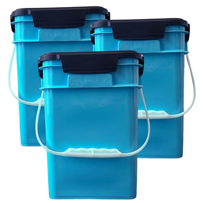 House Naturals 4 Gallon Square Food Grade Bucket Pail with Plastic Handles and Lid (Pack of 3) Made in USA containers (Aqua - Black lids) - color: Aqua - Black Lids