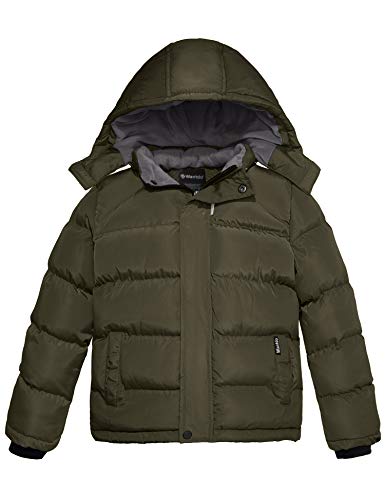 wantdo Boys Puffy Winter Coats Fleece-Lined Snow Jackets Removable Hood | Elastic Cuffs, Hook-and-Loop Collar, Windproof, Machine Washable - color: Army Green, size: 10-12