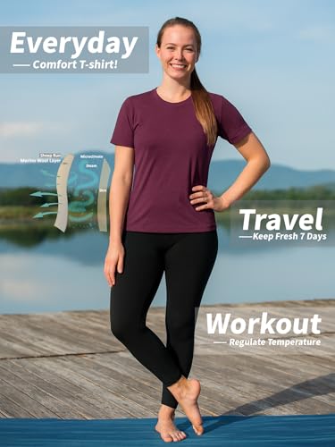 SHEEP RUN 100% Merino Wool T Shirt for Women Breathable Wicking Casual Travel Base Layer Shirt - color: Black V, size: Large