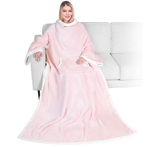PAVILIA Sherpa Wearable Blanket with Sleeves and Pocket, Plush Thick Cozy Body Blanket Wrap for Adult Women Men, Christmas Gift for Wife Mom, Light Pink - color: Light Pink
