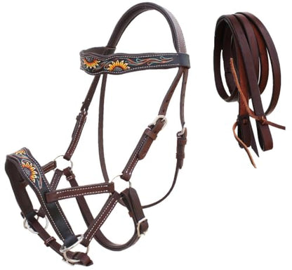 Horse Western Tan Leather Padded Bitless Training Sidepull Bridle Reins - color: Brown Sunflower Turquoise