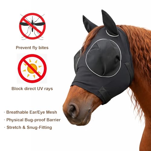 Fly Mask for Horses, Fly Masks for Horses Protection During Summer Turnout, Trail Riding in Bug-Prone Areas, Lycra Fabric with 40 Mesh Count K080 Screen for Enhanced Airflow