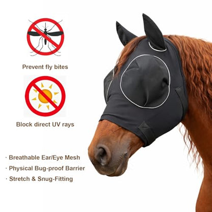 Fly Mask for Horses, Fly Masks for Horses Protection During Summer Turnout, Trail Riding in Bug-Prone Areas, Lycra Fabric with 40 Mesh Count K080 Screen for Enhanced Airflow